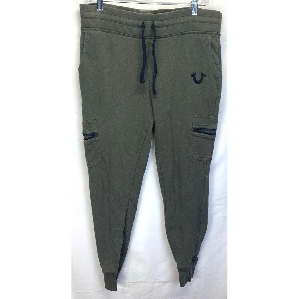 True Religion Men M Cargo Jogger Pants Olive Green Zipper Pockets Drawstring